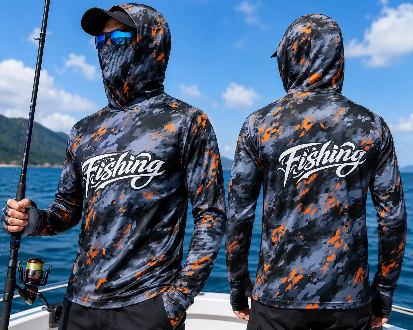 Fishing Shirt Uv Protection - เสื้อฮู้ดตกปลาสำหรับผู้ชาย ป้องกันแสงแดด UPF50 พร้อมผ้าคลุมหน้า แขนยาว ลายพรางกันน้ำ