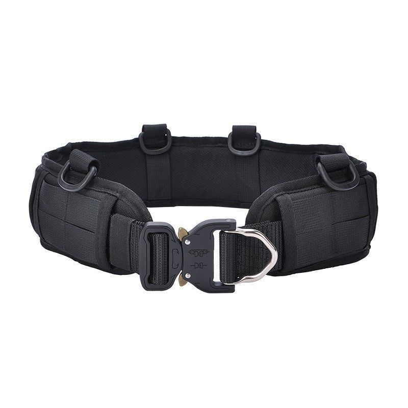 Fishing Belt - เข็มขัดตกปลาแบบยุทธวิธีบุฟองน้ำสีดำ ปรับได้ หัวเข็มขัดปลดเร็ว พร้อมห่วงตัว D สำหรับกิจกรรมกลางแจ้ง